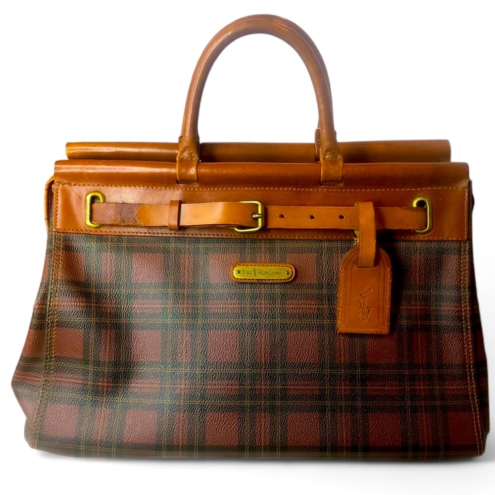 RALPH LAUREN Tartan Plaid Brown Green Doctor Boston Weekend Travel Suitcase
